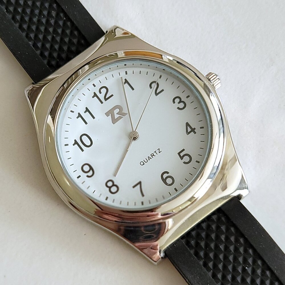 NEW ZR Men's Quartz BIG Watch Silver Tone 42mm Round Black Band